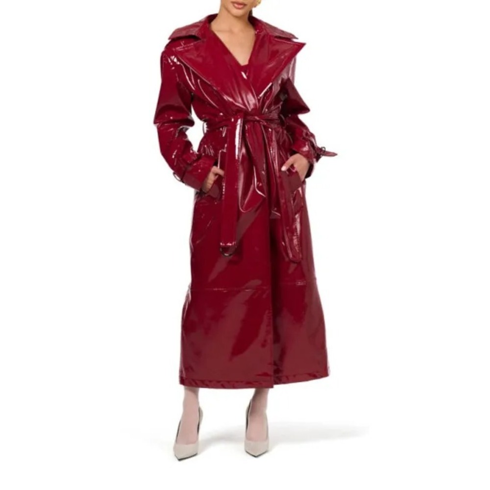 Naked Wardrobe Womens Belted Glossy Trench Coat Size S Dark Red Statement Luxury